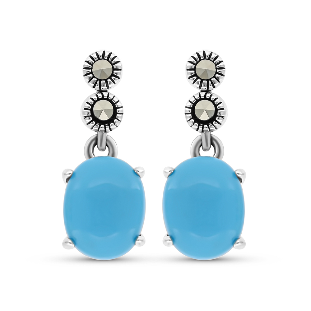 Sterling Silver 925 Earring Embedded With Natural Processed Turquoise And Marcasite Stones