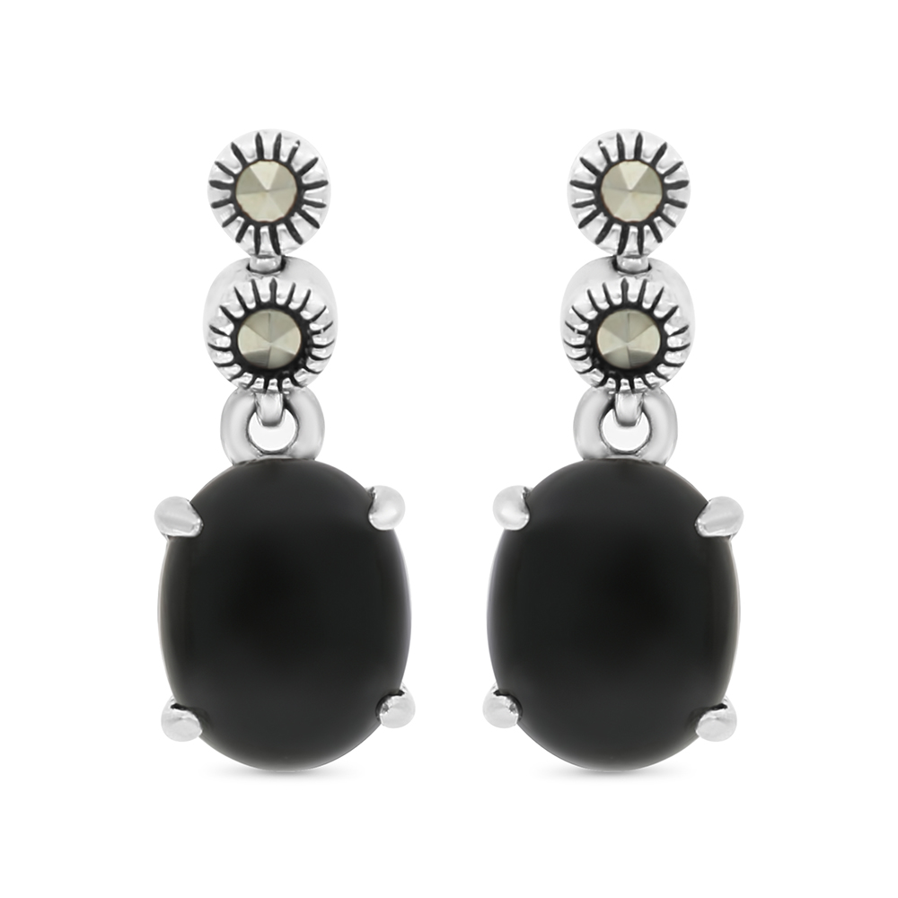 Sterling Silver 925 Earring Embedded With Natural Black Agate And Marcasite Stones