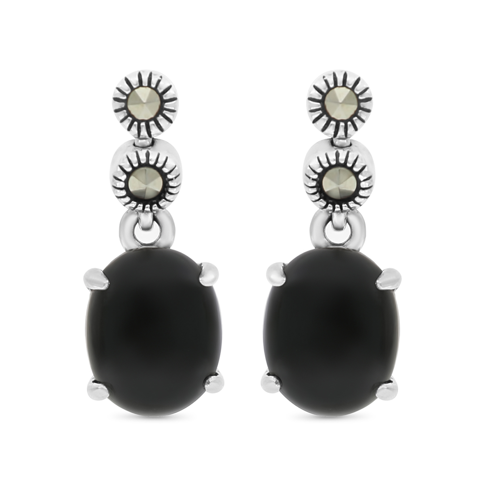 Sterling Silver 925 Earring Embedded With Natural Black Agate And Marcasite Stones