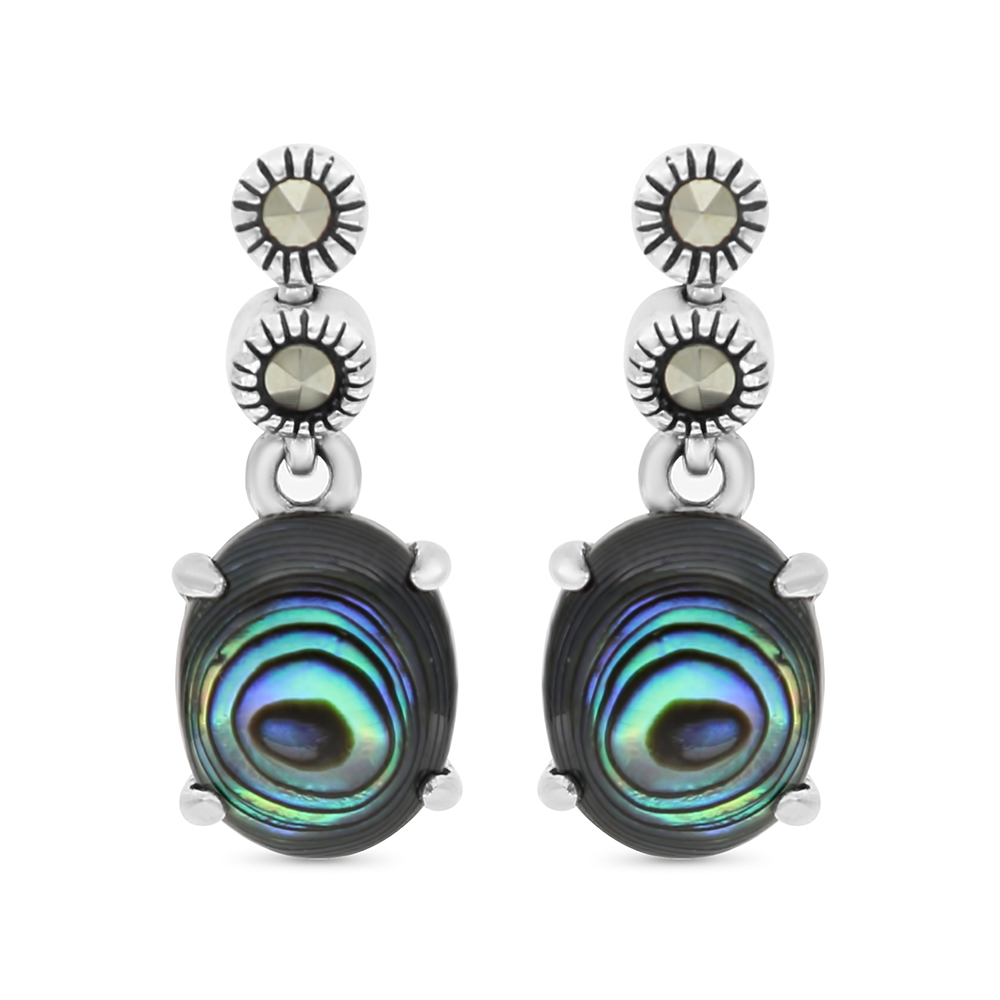 Sterling Silver 925 Earring Embedded With Natural Blue Shell And Marcasite Stones