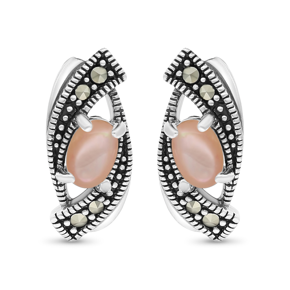 Sterling Silver 925 Earring Embedded With Natural Pink Shell And Marcasite Stones