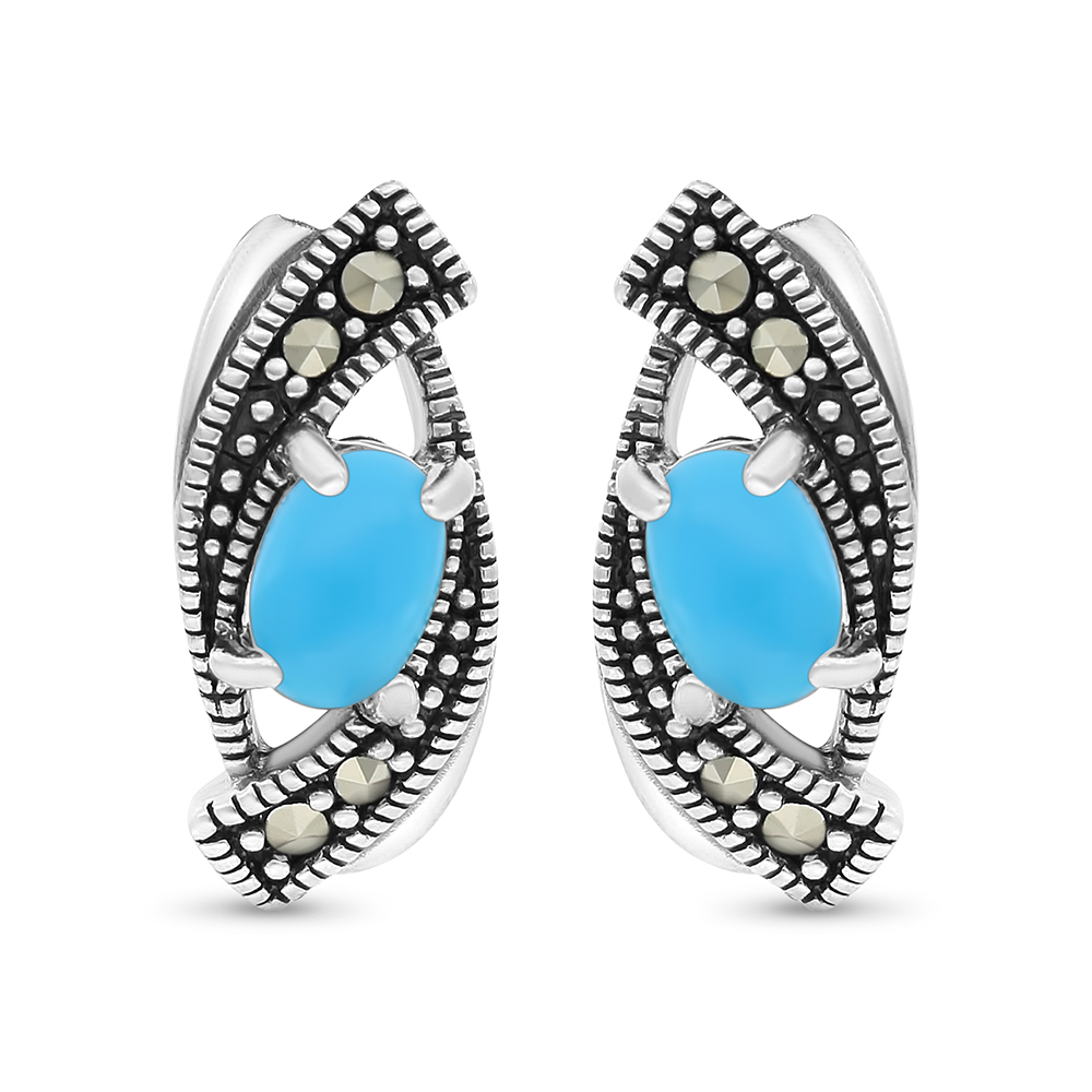 Sterling Silver 925 Earring Embedded With Natural Processed Turquoise And Marcasite Stones