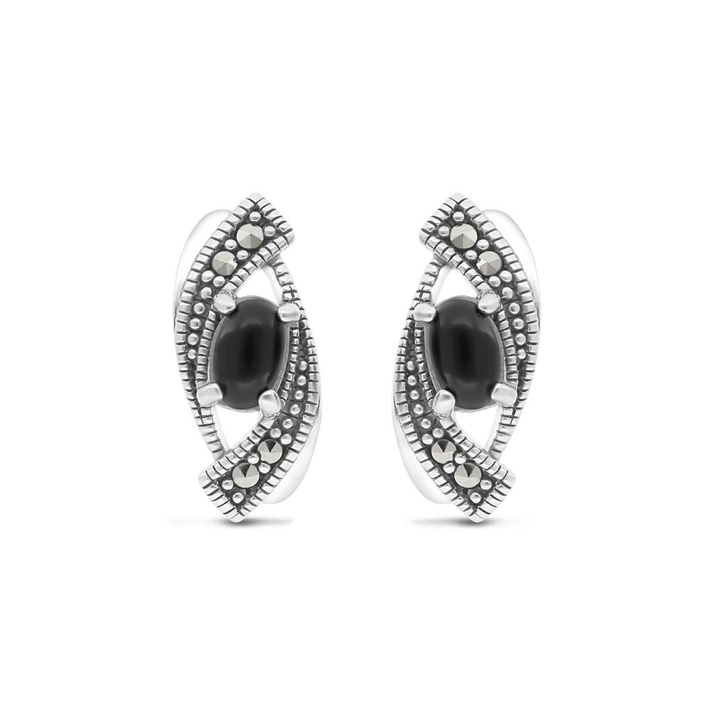 Sterling Silver 925 Earring Embedded With Natural Black Agate And Marcasite Stones