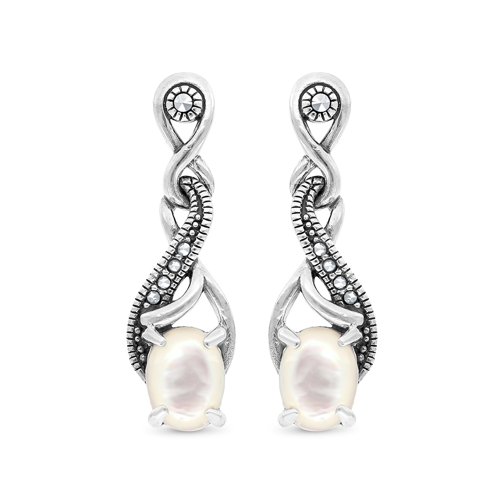 Sterling Silver 925 Earring Embedded With Natural White Shell And Marcasite Stones