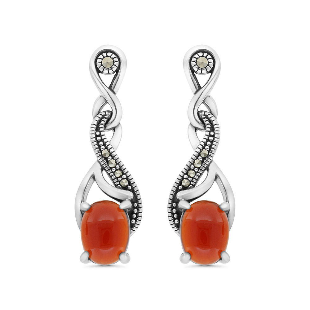 Sterling Silver 925 Earring Embedded With Natural Aqiq And Marcasite Stones