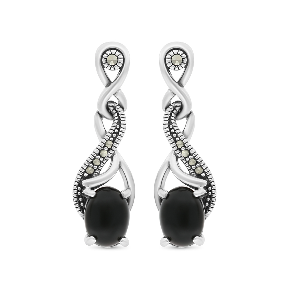 Sterling Silver 925 Earring Embedded With Natural Black Agate And Marcasite Stones