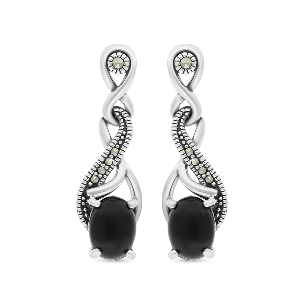 Sterling Silver 925 Earring Embedded With Natural Black Agate And Marcasite Stones