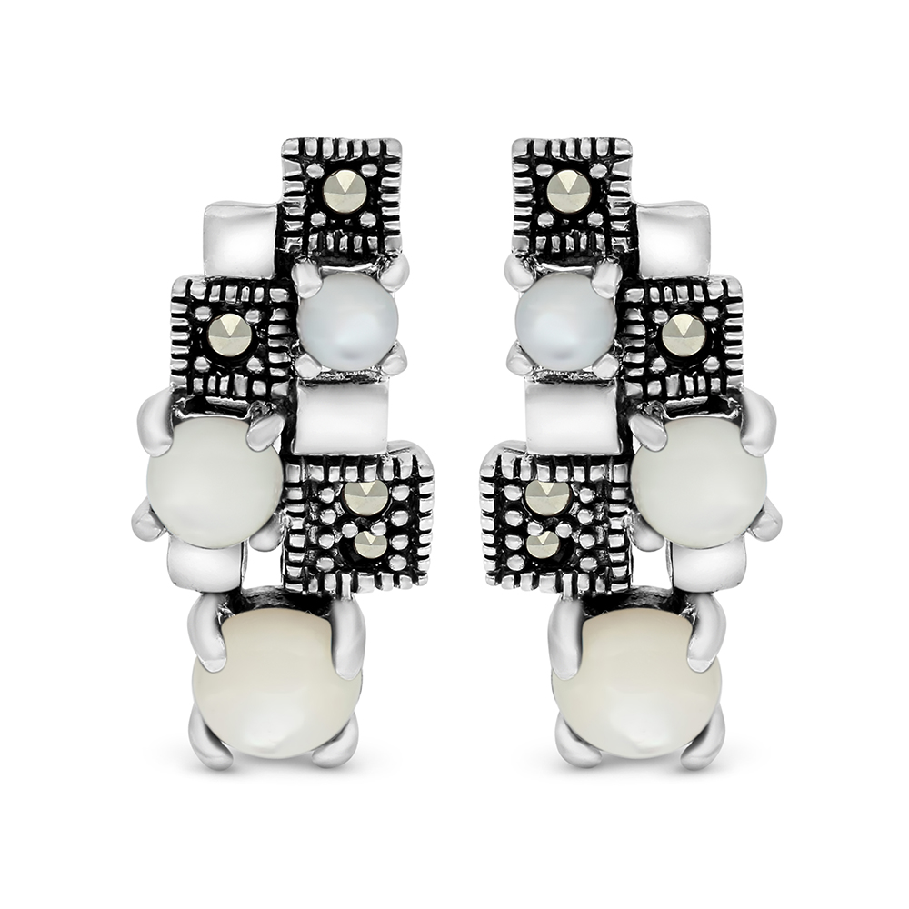 Sterling Silver 925 Earring Embedded With Natural White Shell And Marcasite Stones