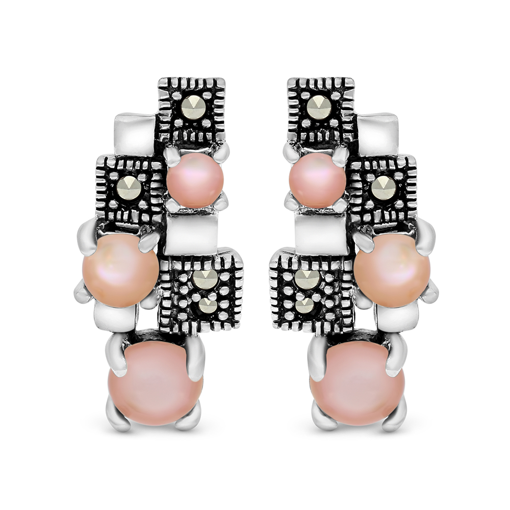 Sterling Silver 925 Earring Embedded With Natural Pink Shell And Marcasite Stones