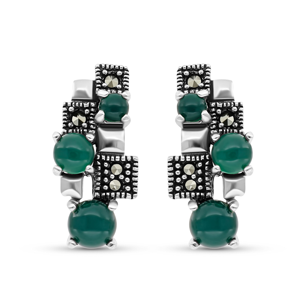 Sterling Silver 925 Earring Embedded With Natural Green Agate And Marcasite Stones