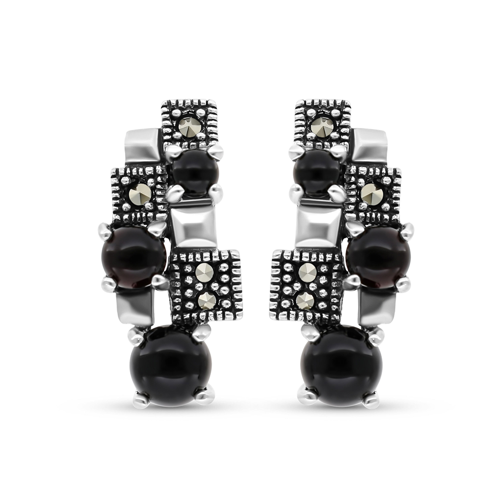 Sterling Silver 925 Earring Embedded With Natural Black Agate And Marcasite Stones