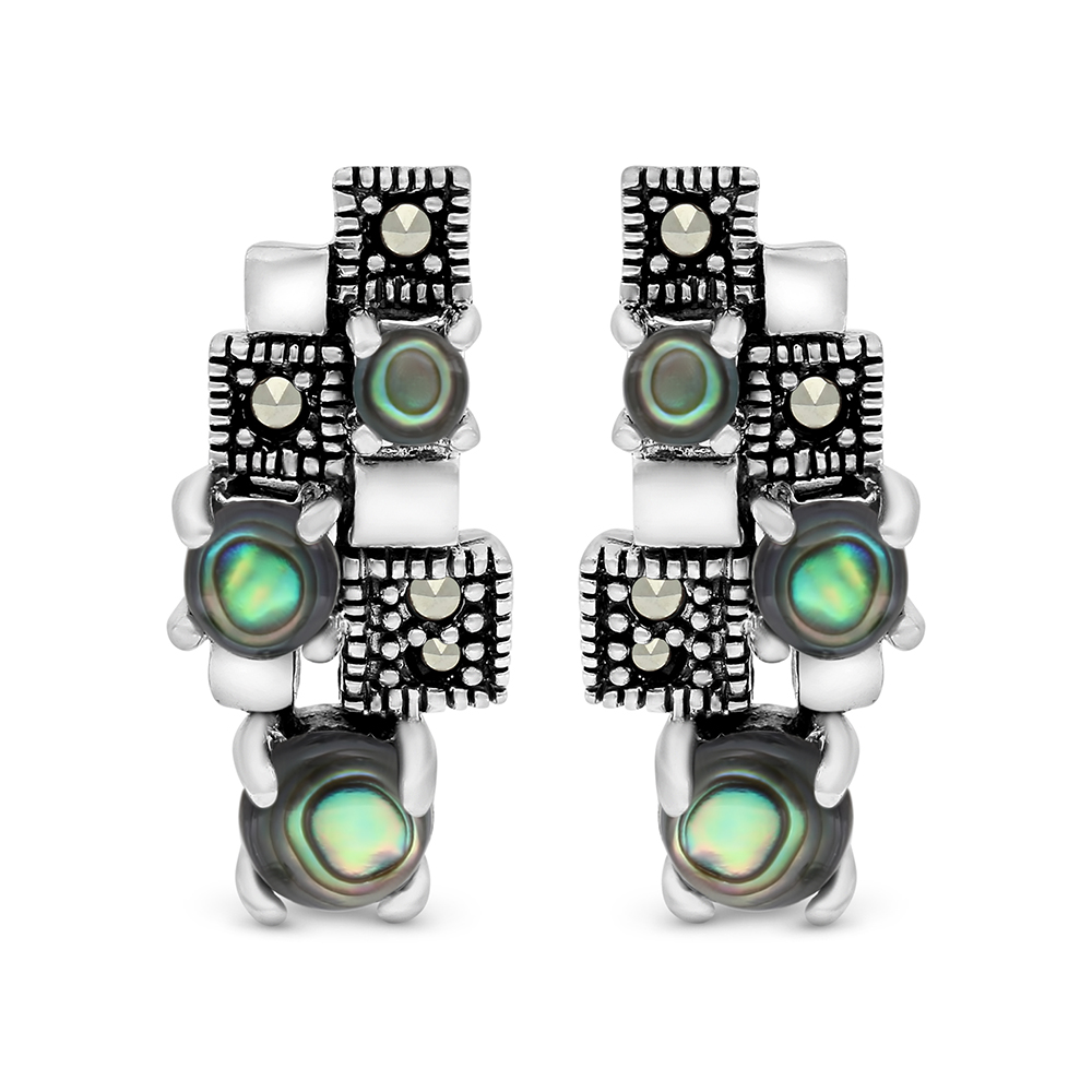 Sterling Silver 925 Earring Embedded With Natural Blue Shell And Marcasite Stones
