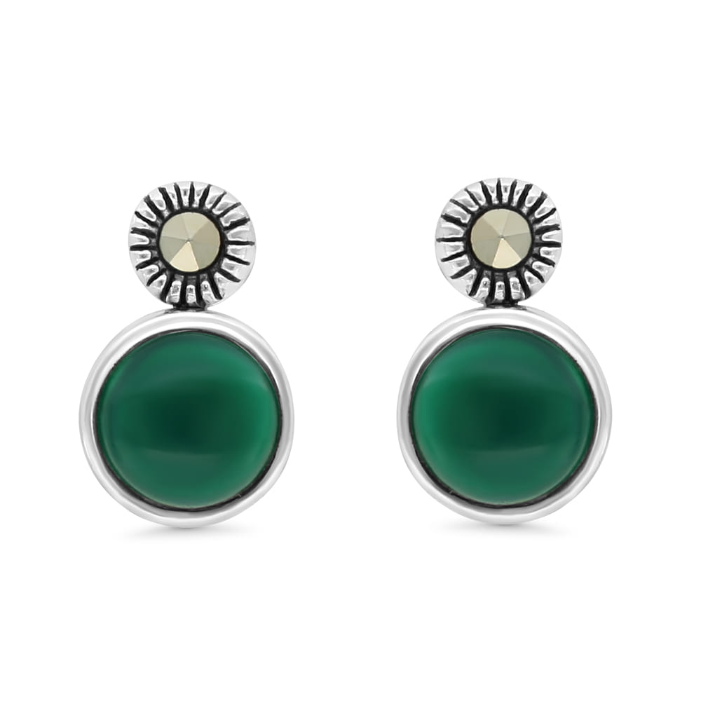 Sterling Silver 925 Earring Embedded With Natural Green Agate And Marcasite Stones