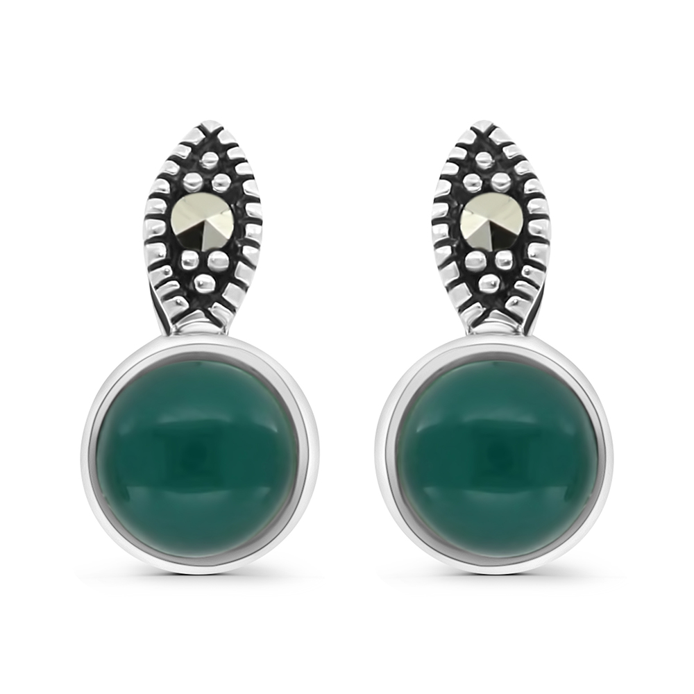 Sterling Silver 925 Earring Embedded With Natural Green Agate And Marcasite Stones