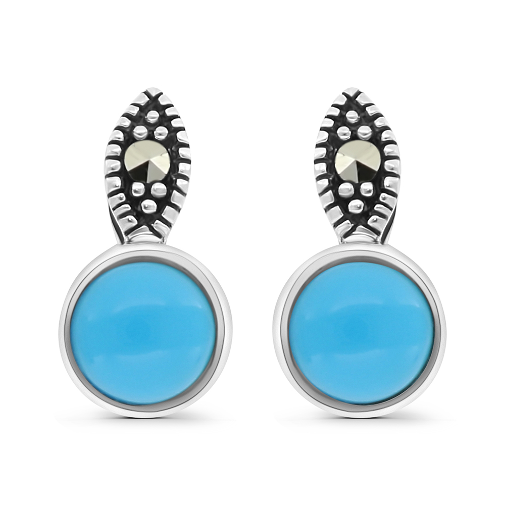 Sterling Silver 925 Earring Embedded With Natural Processed Turquoise And Marcasite Stones