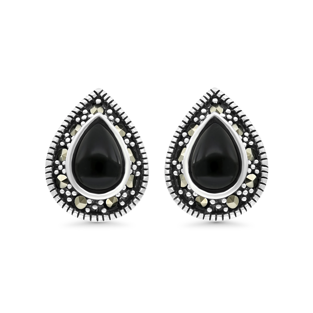 Sterling Silver 925 Earring Embedded With Natural Black Agate And Marcasite Stones