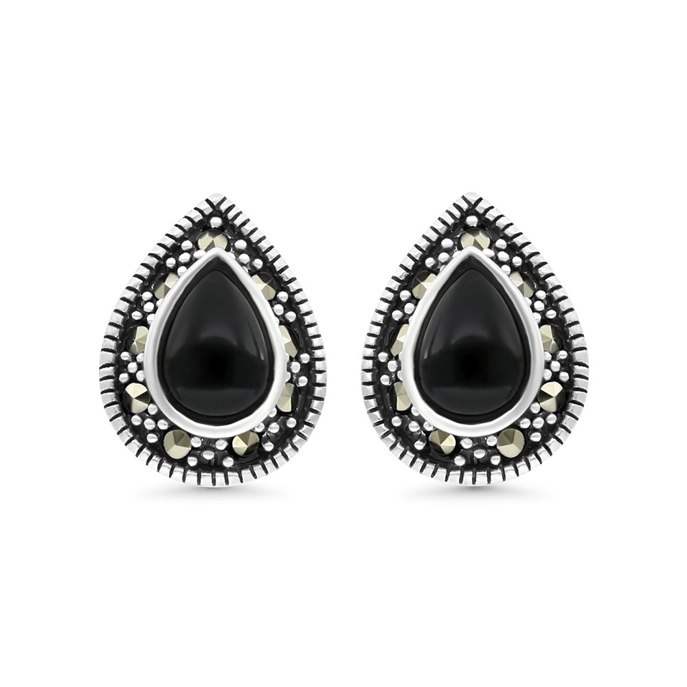 Sterling Silver 925 Earring Embedded With Natural Black Agate And Marcasite Stones