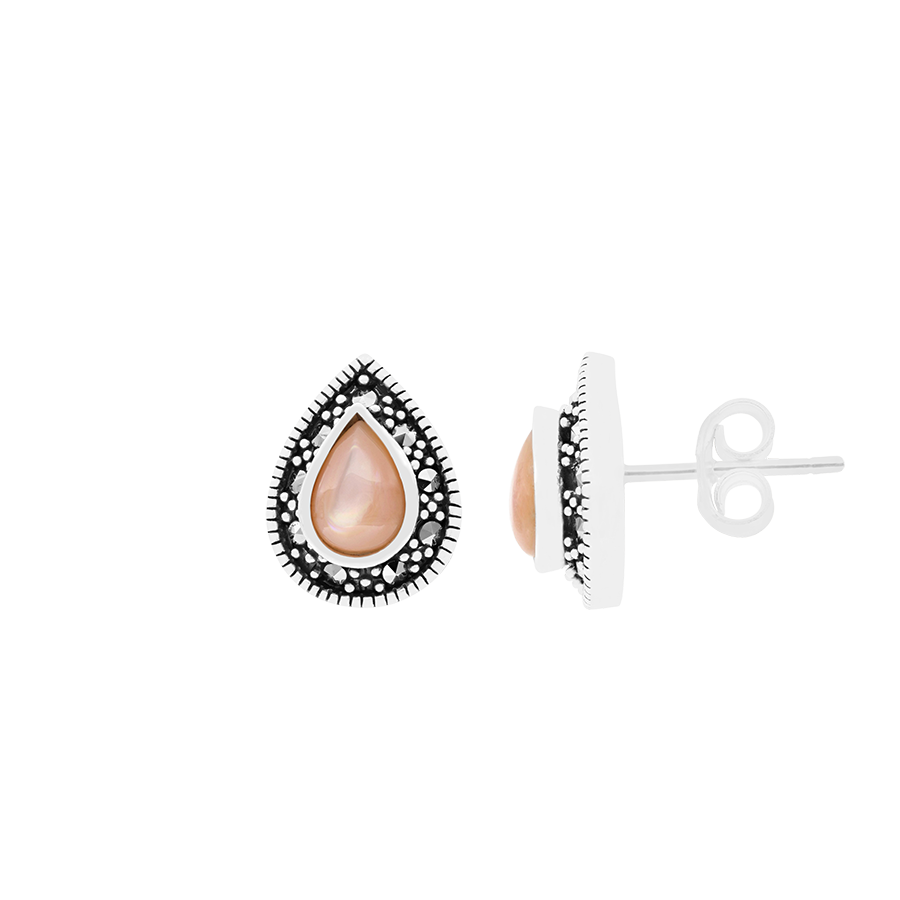 Sterling Silver 925 Earring Embedded With Natural Pink Shell And Marcasite Stones