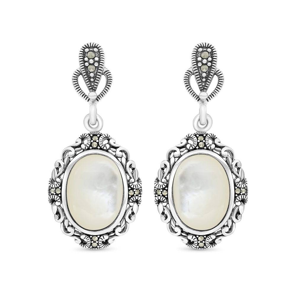 Sterling Silver 925 Earring Embedded With Natural White Shell And Marcasite Stones