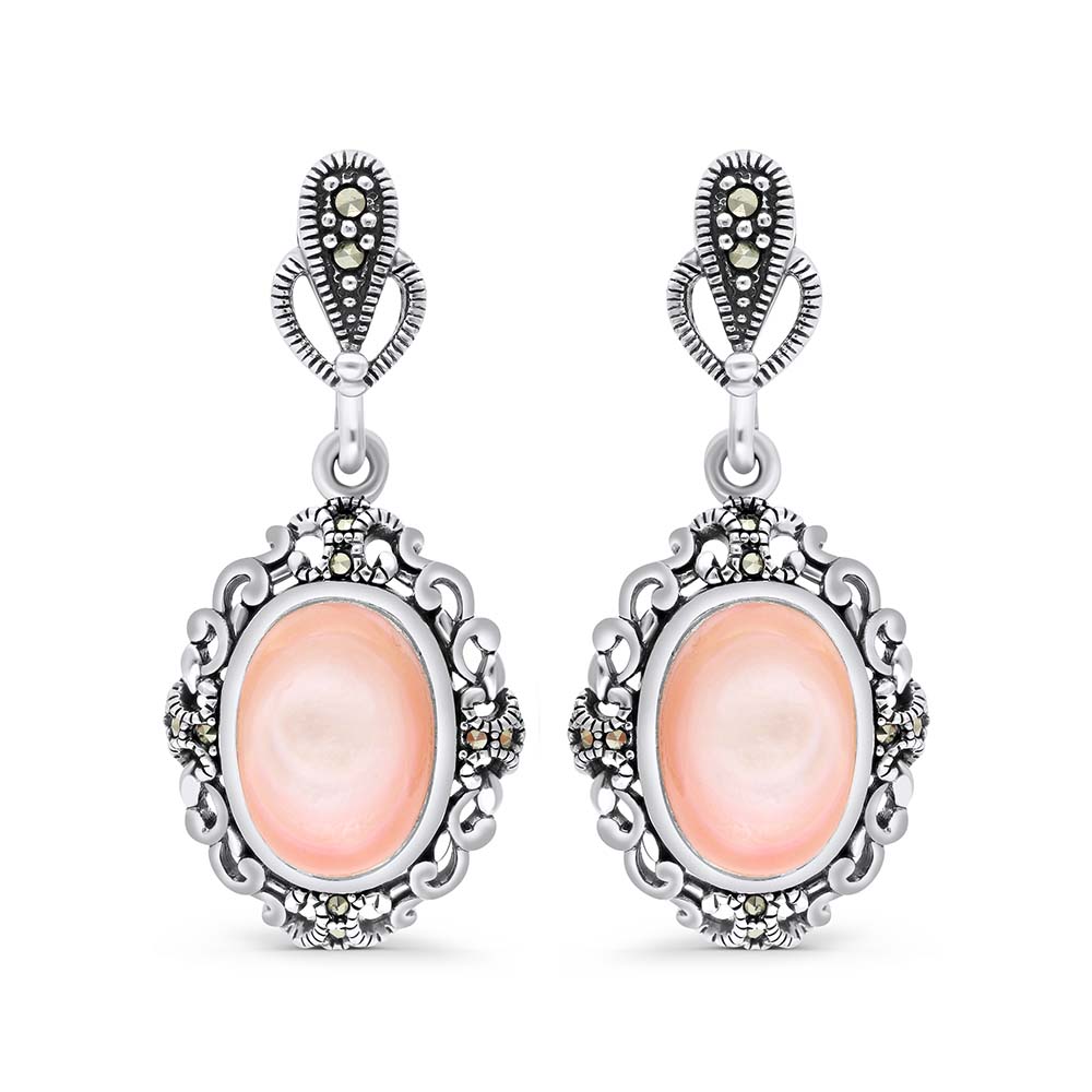 Sterling Silver 925 Earring Embedded With Natural Pink Shell And Marcasite Stones