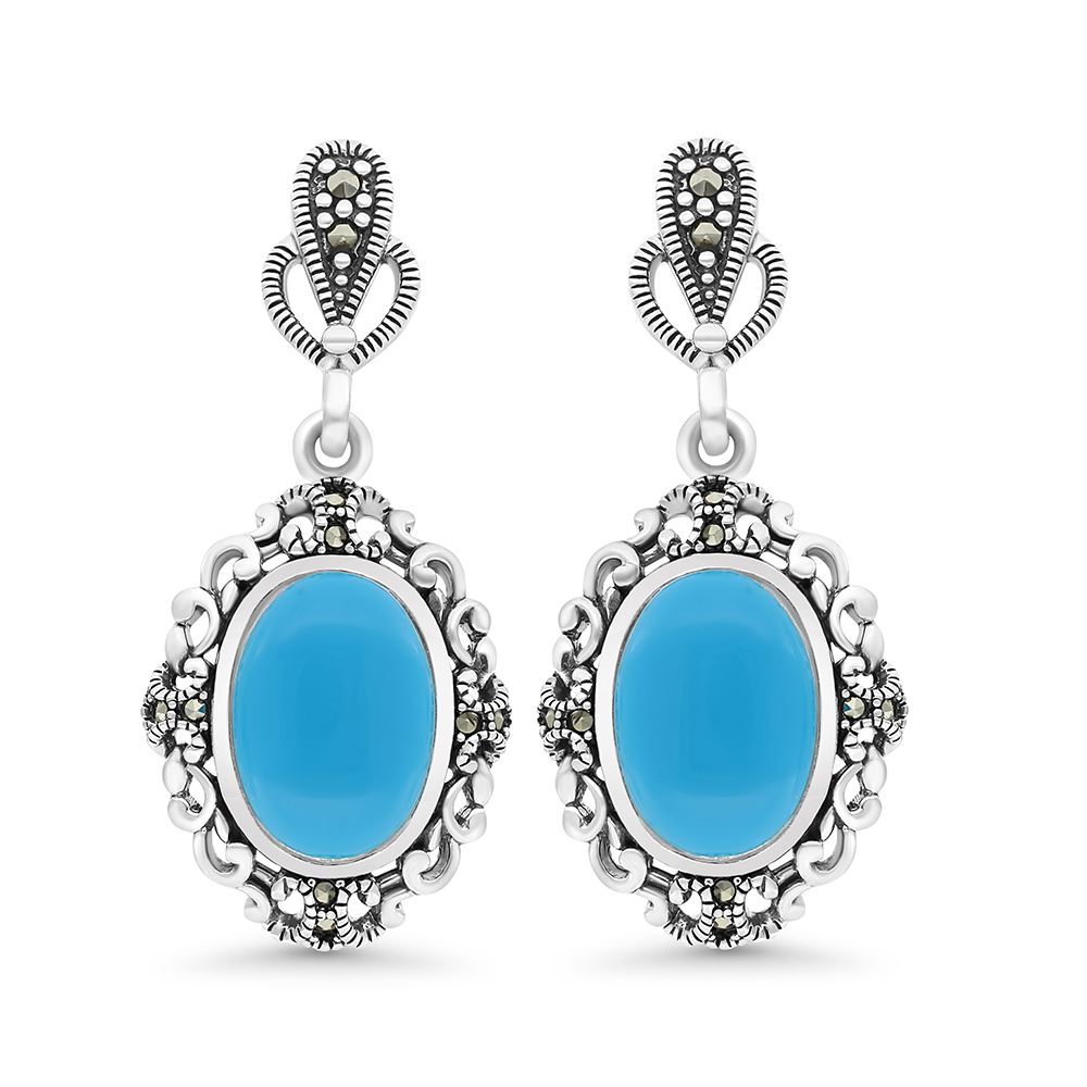 Sterling Silver 925 Earring Embedded With Natural Processed Turquoise And Marcasite Stones