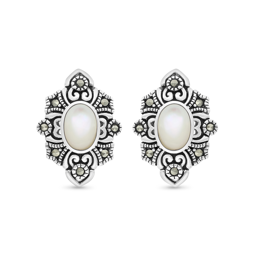 Sterling Silver 925 Earring Embedded With Natural White Shell And Marcasite Stones