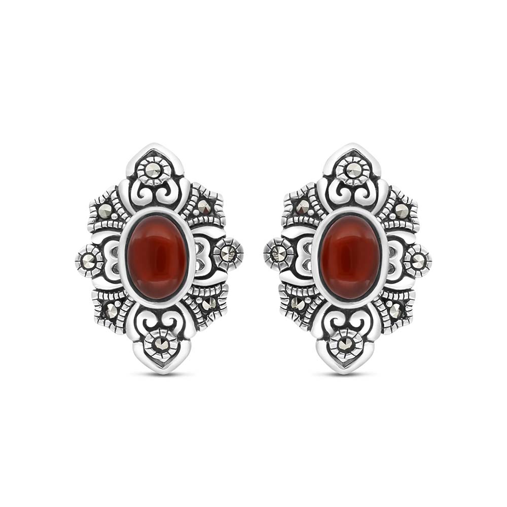 Sterling Silver 925 Earring Embedded With Natural Aqiq And Marcasite Stones