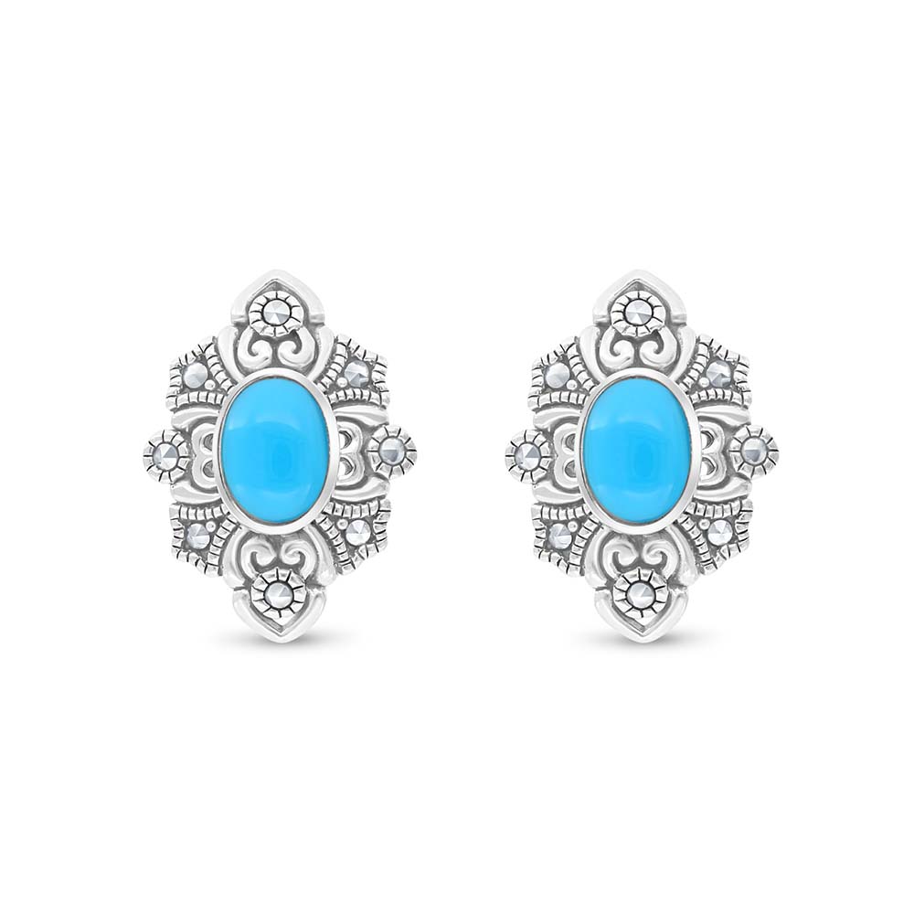 Sterling Silver 925 Earring Embedded With Natural Processed Turquoise And Marcasite Stones