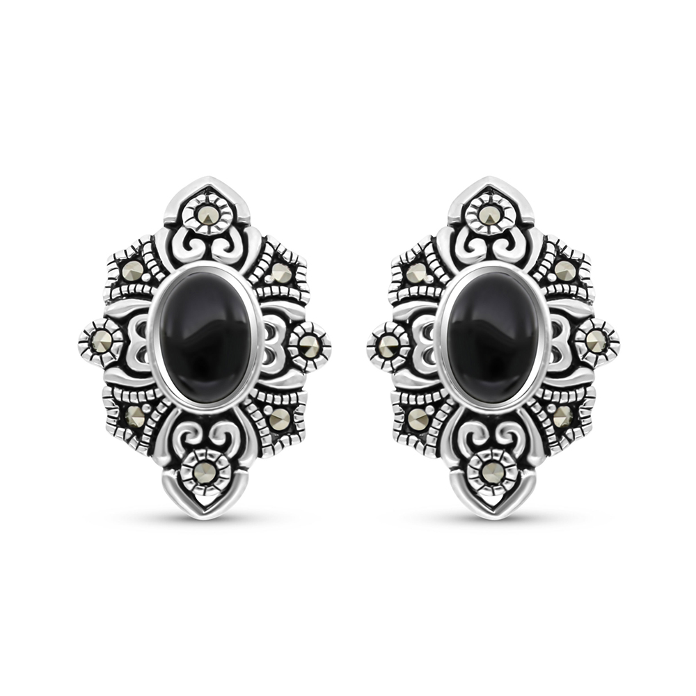 Sterling Silver 925 Earring Embedded With Natural Black Agate And Marcasite Stones