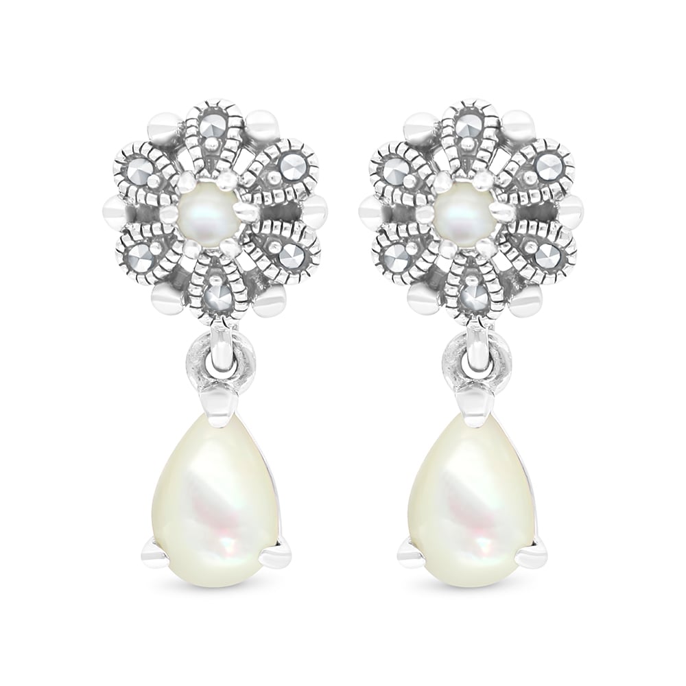 Sterling Silver 925 Earring Embedded With Natural White Shell And Marcasite Stones