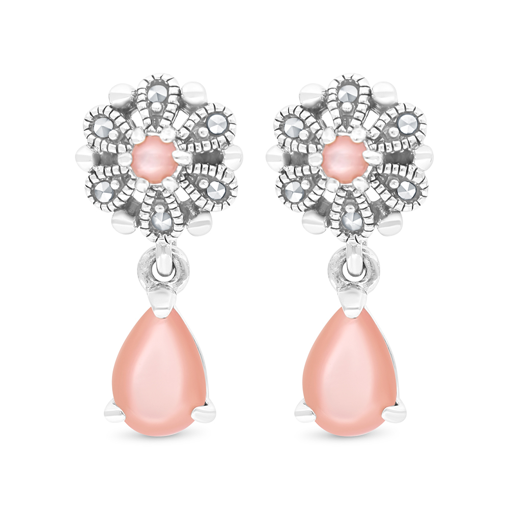 Sterling Silver 925 Earring Embedded With Natural Pink Shell And Marcasite Stones