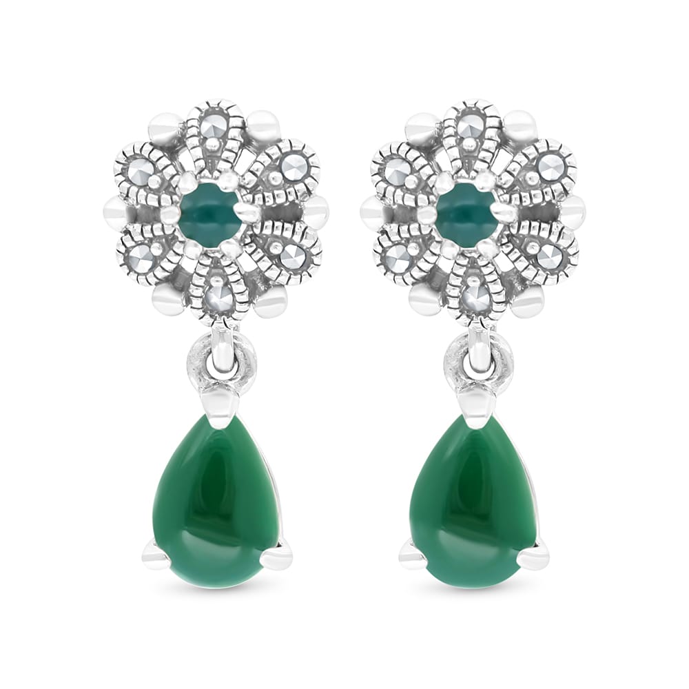 Sterling Silver 925 Earring Embedded With Natural Green Agate And Marcasite Stones