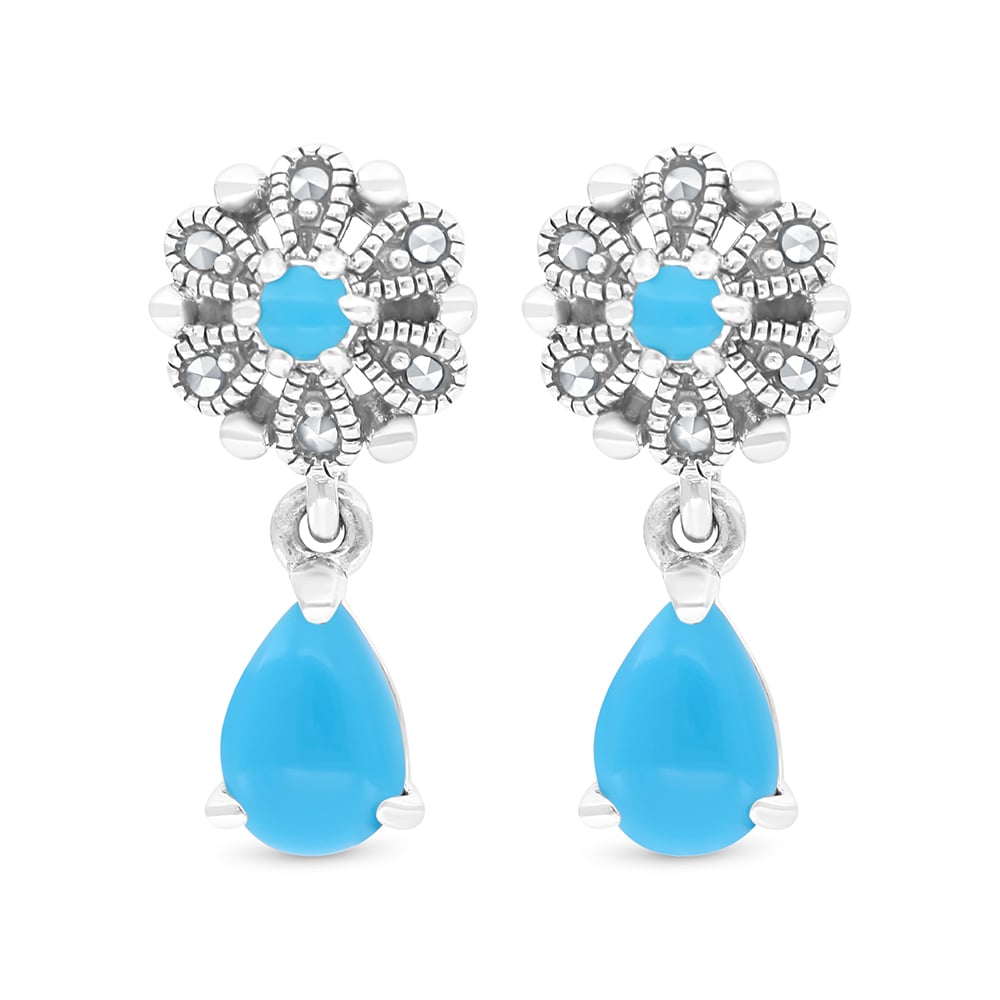 Sterling Silver 925 Earring Embedded With Natural Processed Turquoise And Marcasite Stones