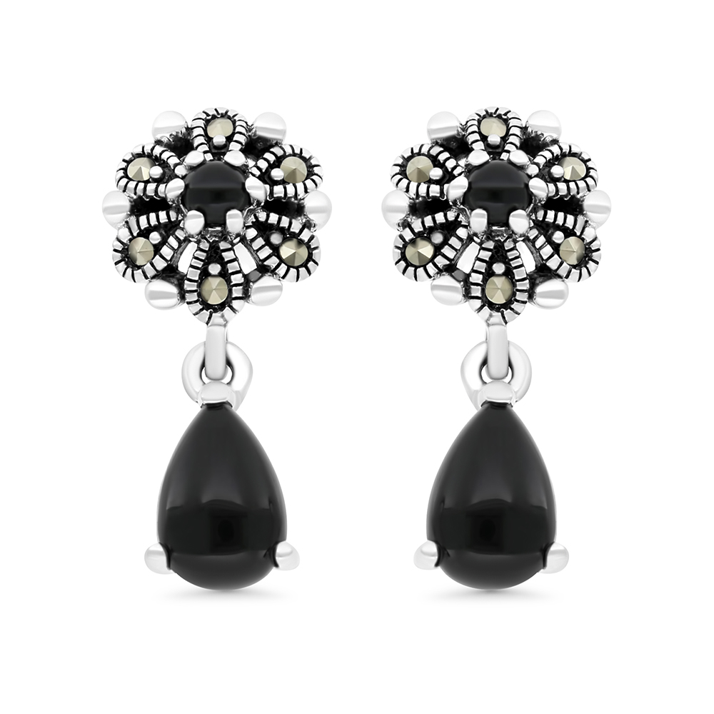 Sterling Silver 925 Earring Embedded With Natural Black Agate And Marcasite Stones