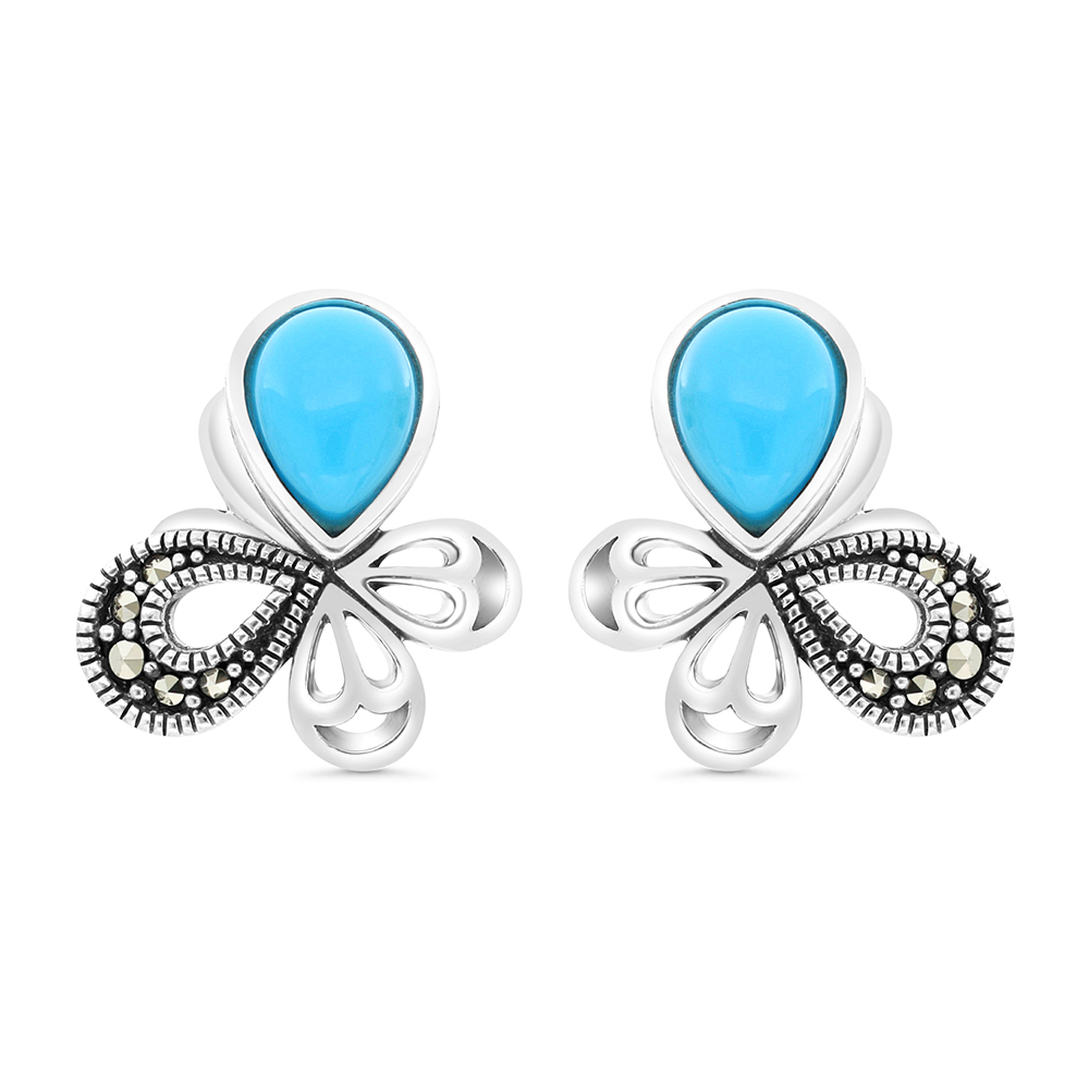 Sterling Silver 925 Earring Embedded With Natural Processed Turquoise And Marcasite Stones