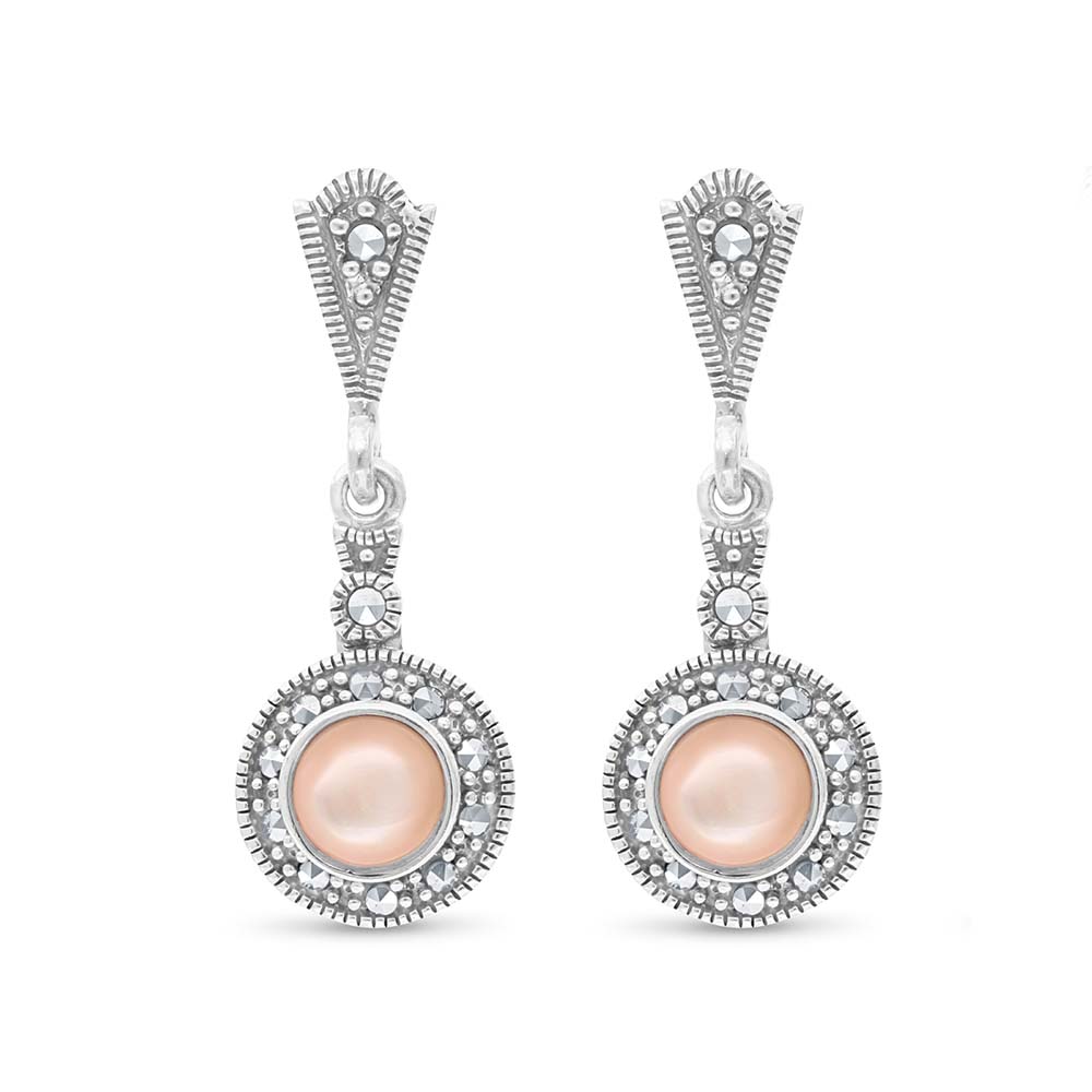 Sterling Silver 925 Earring Embedded With Natural Pink Shell And Marcasite Stones