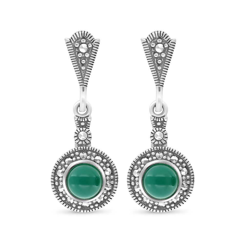 Sterling Silver 925 Earring Embedded With Natural Green Agate And Marcasite Stones