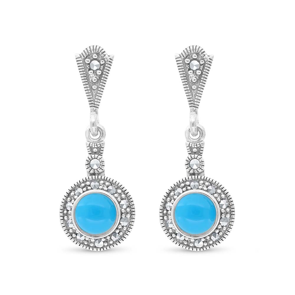 Sterling Silver 925 Earring Embedded With Natural Processed Turquoise And Marcasite Stones