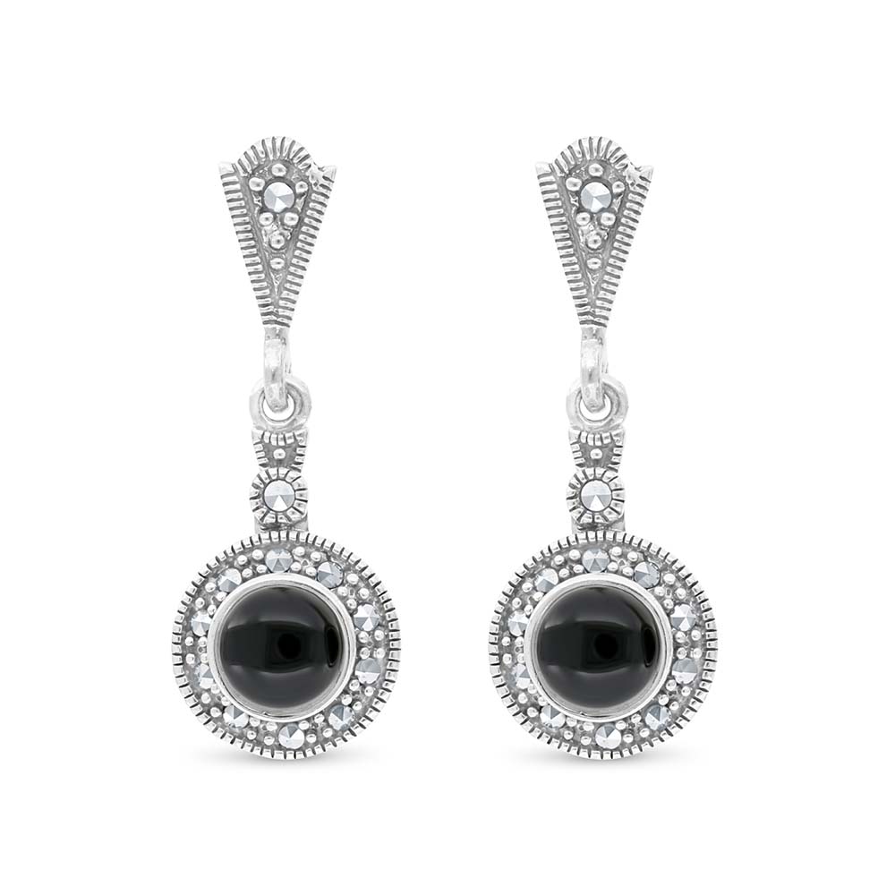 Sterling Silver 925 Earring Embedded With Natural Black Agate And Marcasite Stones