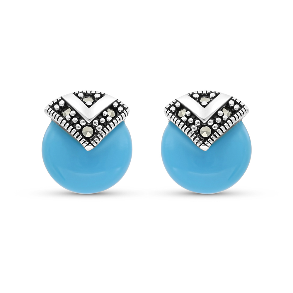 Sterling Silver 925 Earring Embedded With Natural Processed Turquoise And Marcasite Stones