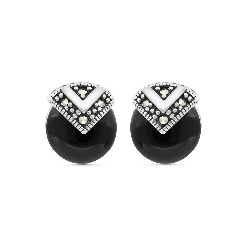 Sterling Silver 925 Earring Embedded With Natural Black Agate And Marcasite Stones