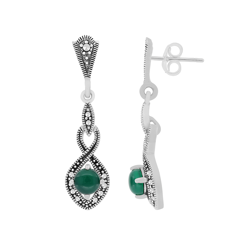 Sterling Silver 925 Earring Embedded With Natural Green Agate And Marcasite Stones