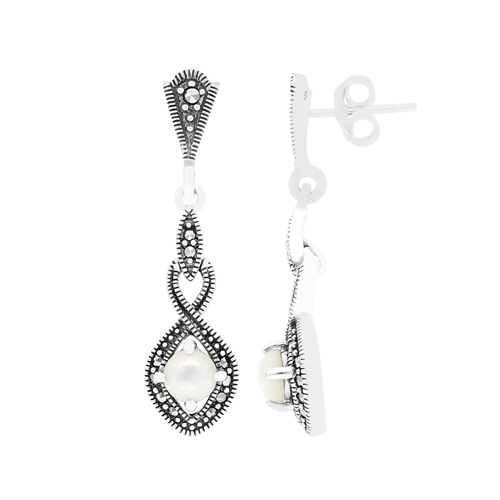 Sterling Silver 925 Earring Embedded With Natural White Shell And Marcasite Stones