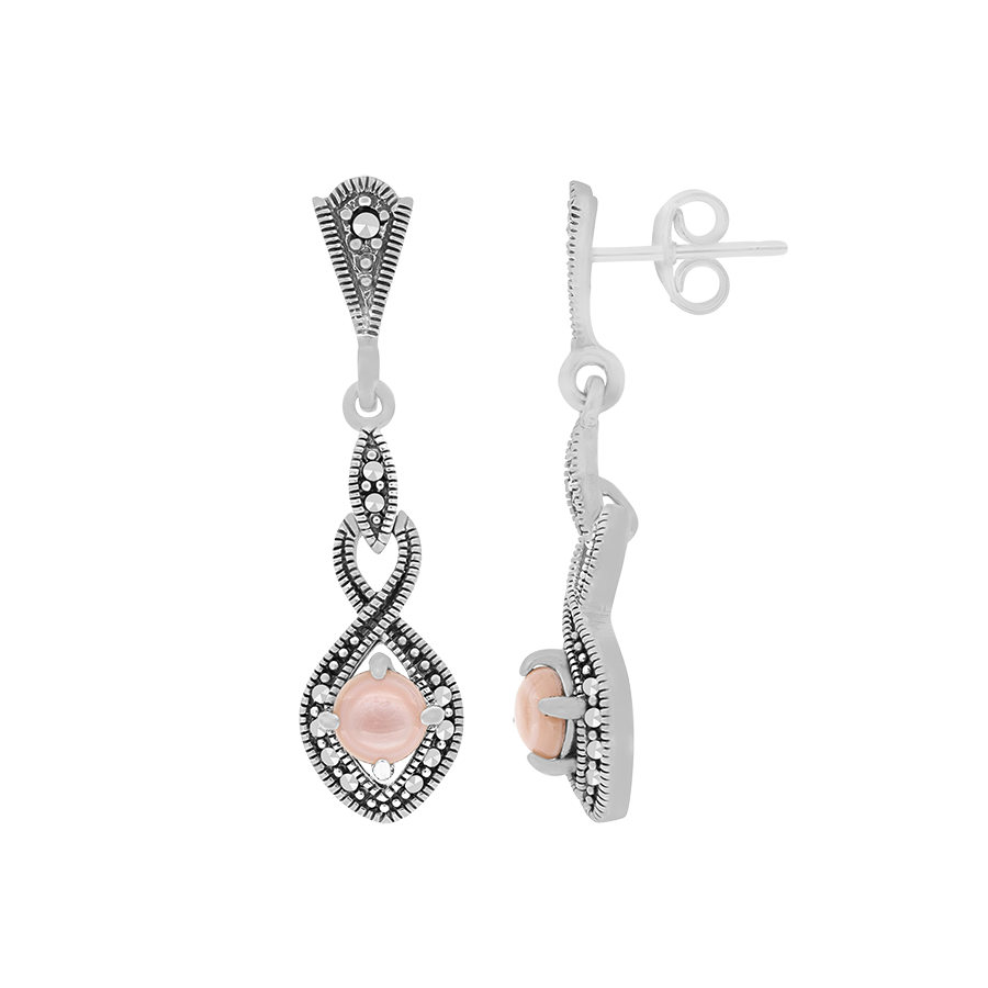 Sterling Silver 925 Earring Embedded With Natural Pink Shell And Marcasite Stones