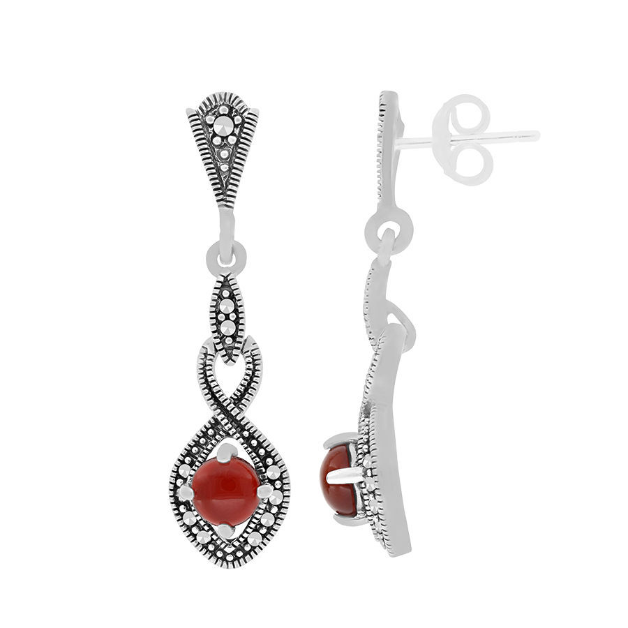 Sterling Silver 925 Earring Embedded With Natural Aqiq And Marcasite Stones