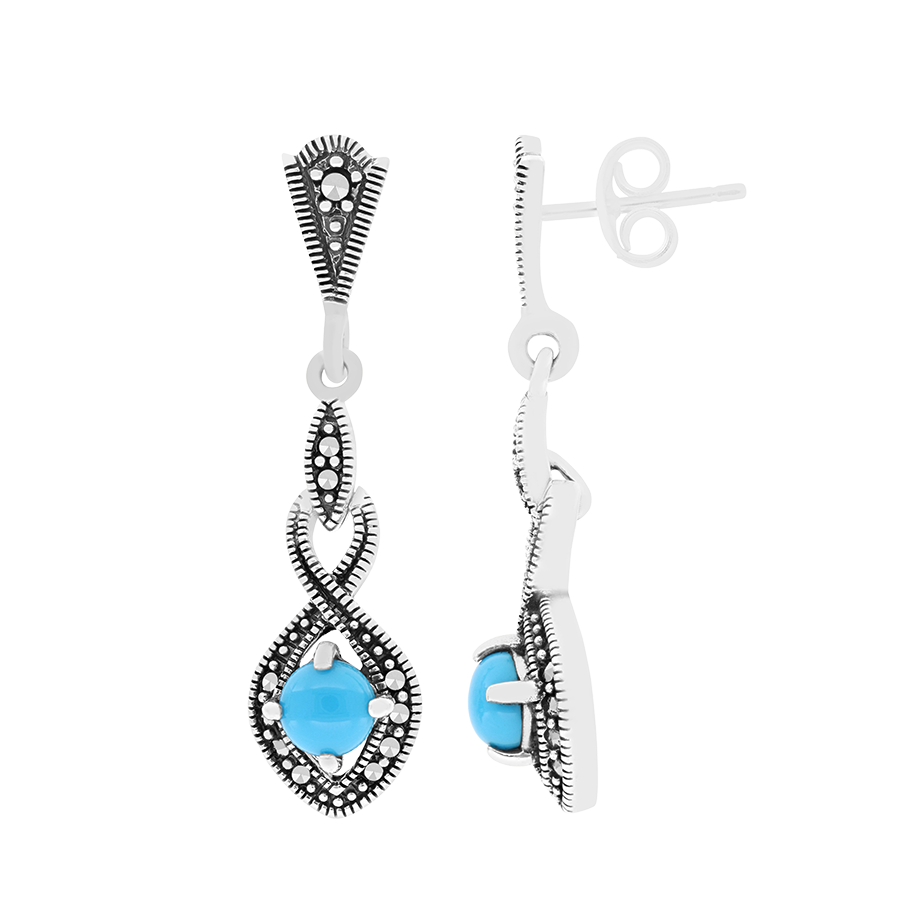 Sterling Silver 925 Earring Embedded With Natural Processed Turquoise And Marcasite Stones