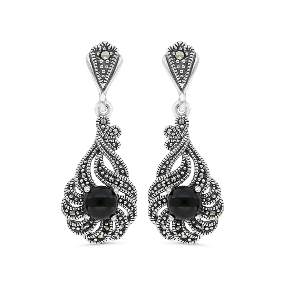 Sterling Silver 925 Earring Embedded With Natural Black Agate And Marcasite Stones