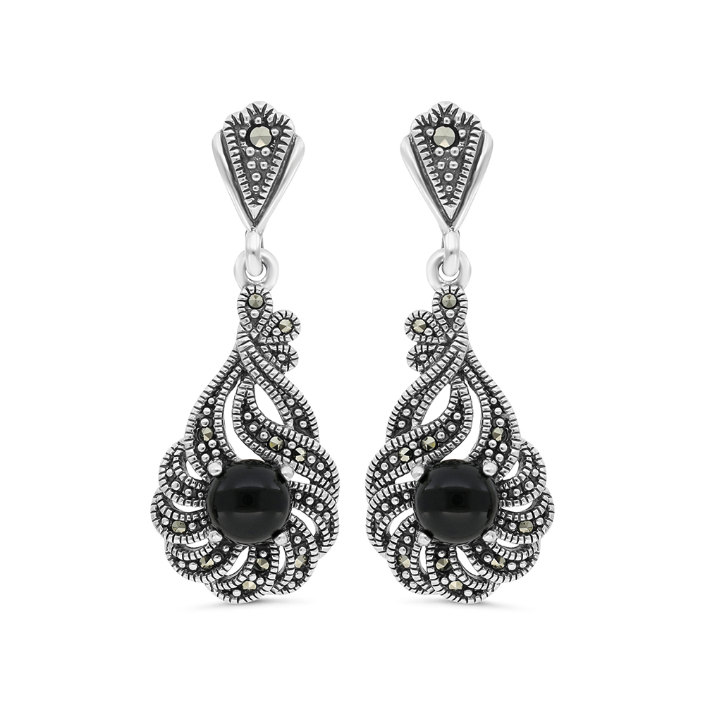 Sterling Silver 925 Earring Embedded With Natural Black Agate And Marcasite Stones