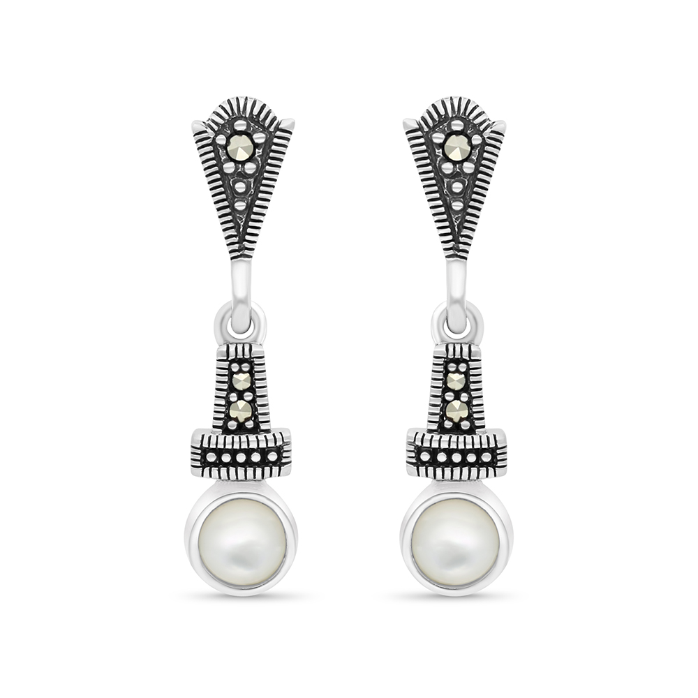 Sterling Silver 925 Earring Embedded With Natural White Shell And Marcasite Stones