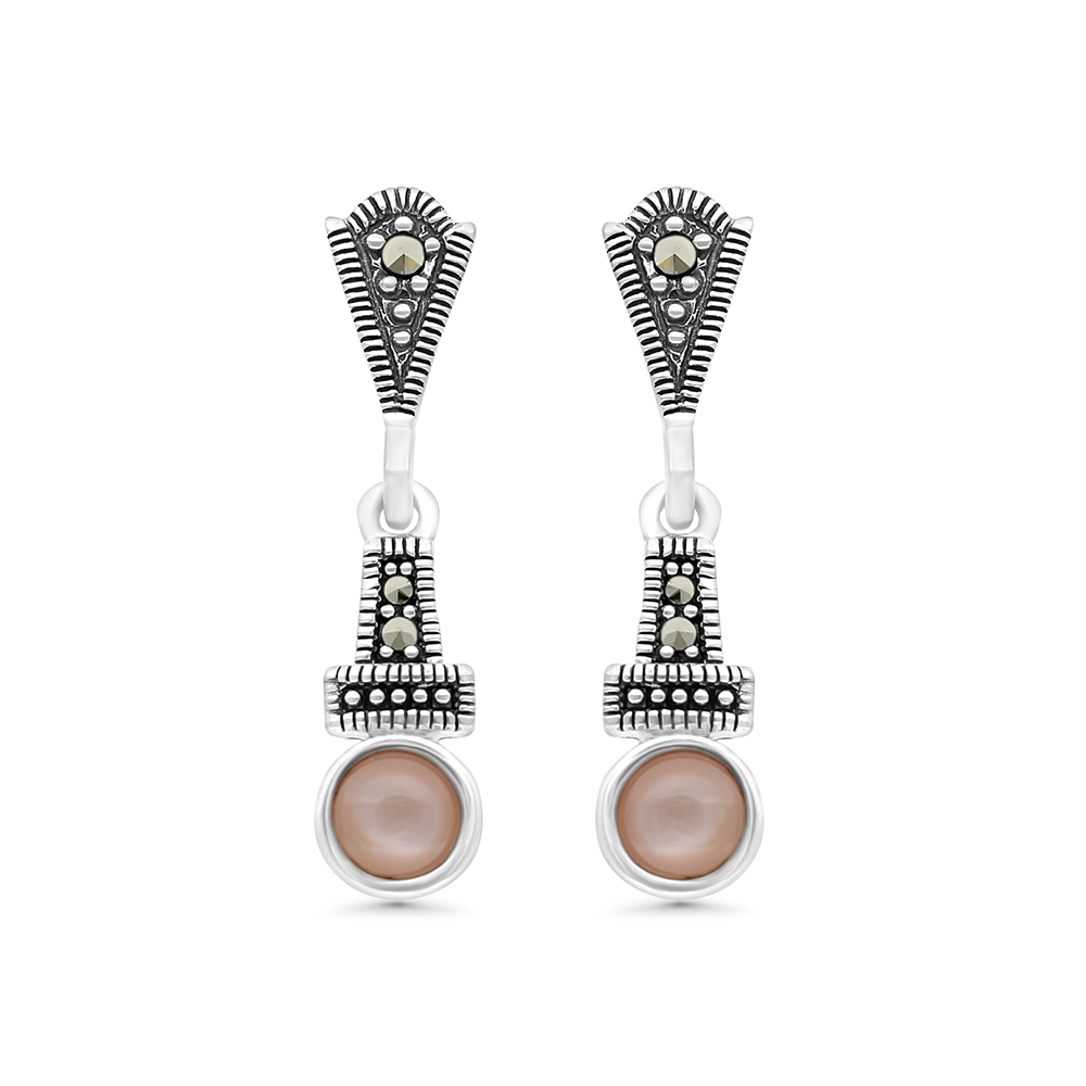 Sterling Silver 925 Earring Embedded With Natural Pink Shell And Marcasite Stones